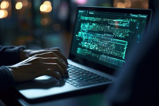 Hands showing Coding programmer, software engineer working on laptop with javascript computer code on virtual screen