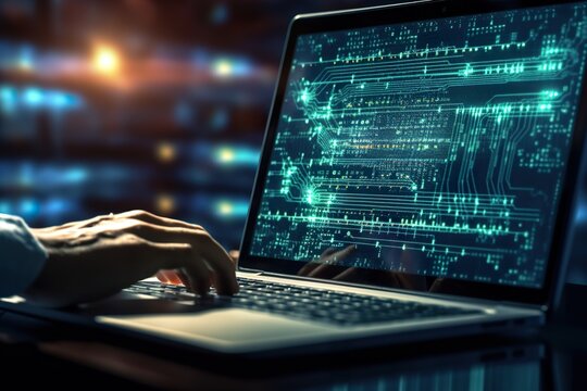 Hands showing Coding programmer, software engineer working on laptop with javascript computer code on virtual screen
