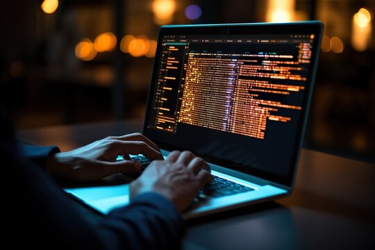 Hands showing Coding programmer, software engineer working on laptop with javascript computer code on virtual screen