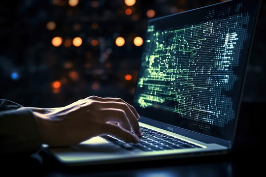 Hands showing Coding programmer, software engineer working on laptop with javascript computer code on virtual screen