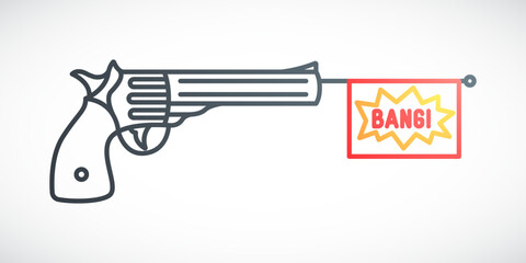 Revolver with bang flag. Liner Gun illustration. Vector weapon emblem in line style.