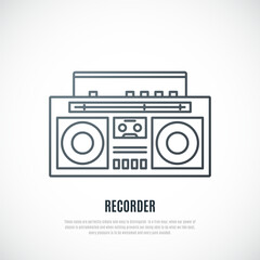 Retro radio tape recorder. Vintage boombox icon. Vector music emblem.