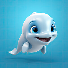 Cute Dolphin, 3d cartoon, big eyes, friendly, solid background, minimalistic