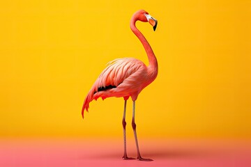 Fototapeta na wymiar Pink flamingo gracefully stands against a vibrant yellow background, creating a captivating scene.
