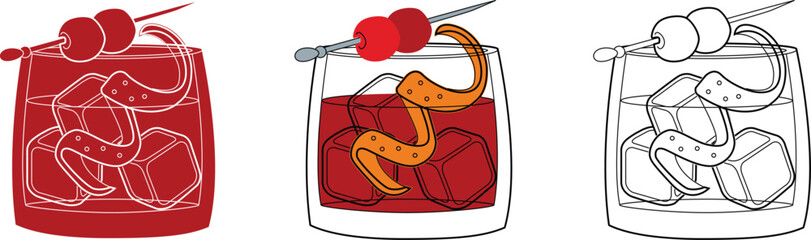 Alcohol drinks line art illustration. Vector illustration Old fashioned cocktail