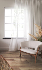 Scandinavian hamptons white bedroom interior design. Light wall mock up. Wooden farmhouse furniture and dry plants. 3d rendering. High quality 3d illustration