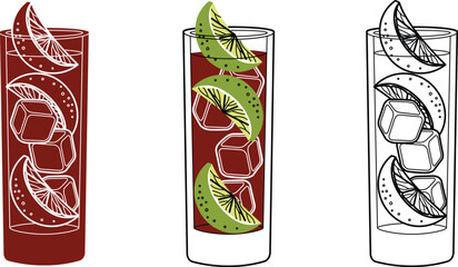 Alcohol drinks line art illustration. Vector illustration Cuba Libre cocktail
