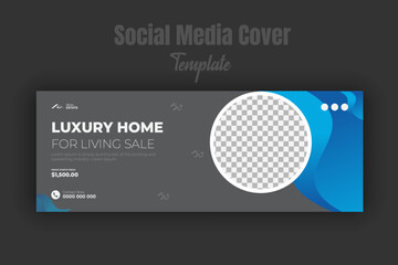 Modern and luxury house for sale social media post design template, real estate company property business promotion timeline cover, web banner, ad discount template with abstract colorful shapes