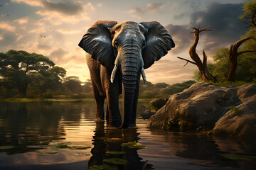 elephant at sunset in jungle. Generative AI.
