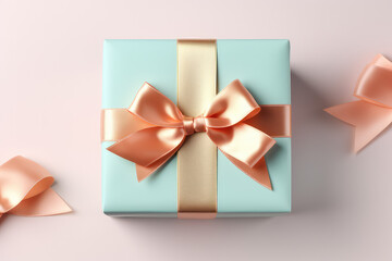 Square gift box with silk glossy bow ribbon. Pastel color palette, copy space. Promotion banner for advertising company. Top view. Generative AI 3d render illustration.