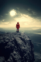 Obraz premium A lone astronaut is standing on a desolate planet. Generative AI