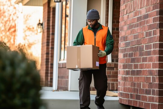 A parcel carrier brings a parcel to a front door created with generative AI technology.