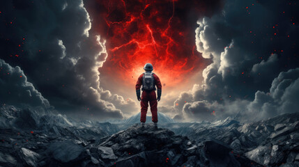 Obraz premium A lone astronaut is standing on a desolate planet. Generative AI