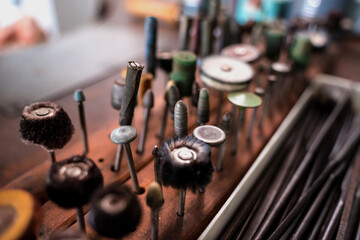 Instruments kit in a large workshop for the manufacture of handmade jewelry