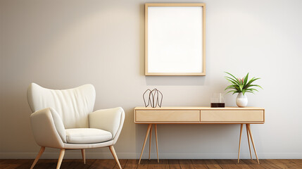 Mockup poster Interior design Wicker chair floor vases white wall blank frame Boho Bohemian style modern living room lifestyle art copy space