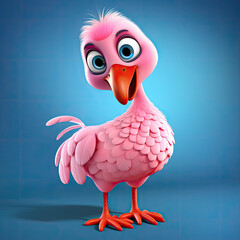 Cute Flamingo, 3d cartoon, big eyes, friendly, solid background, minimalistic