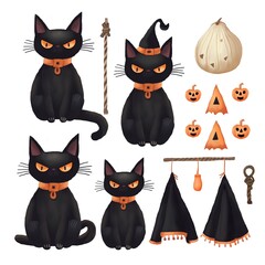 Halloween black cat illustration white background.