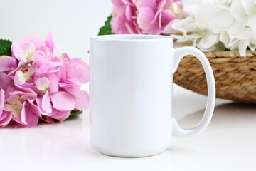 15 oz white mug mock up - with pink and white flowers