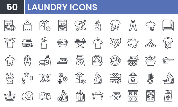 Laundry and Wash vector line icon set. Contains linear outline icons like Washer, Detergent, Clean, Machine, Dryer, Shirt, Iron, Hanger, Clothes, Softener. Editable use and stroke.