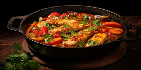 Traditional Brazilian Fish Stew - Moqueca Baiana - A Close-Up View in a Modern Design Cast-Iron Roasting Dish - Savor the Flavors of the Fish Fillet in Tomato  Generative AI Digital Illustration