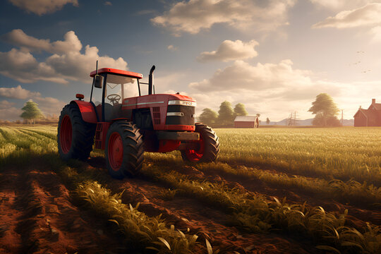 Red tractor in the field. Generative AI.