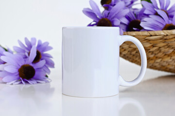 White 11 oz coffee mug mockup with purple flowers