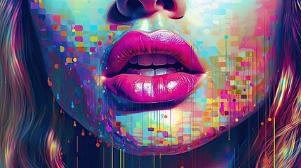 Painting abstract art of female Pink, red lips, mouth. Pop art retro vintage colorful background. Trendy and fashion color AI illustration. For poster and banner..