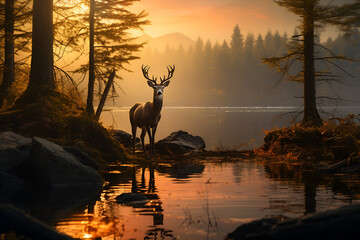 deer in the sunset. Generative AI.
