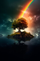 A tree in the middle of a body of water with rainbow. Generative AI