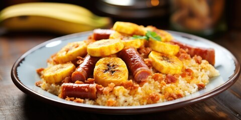  Brazilian "Farofa de Banana" - A Blend of Manioc Flour, Bacon, Sausage, and Banana - Explore the Unique Sweet and Savory Combination -   Generative AI Digital Illustration