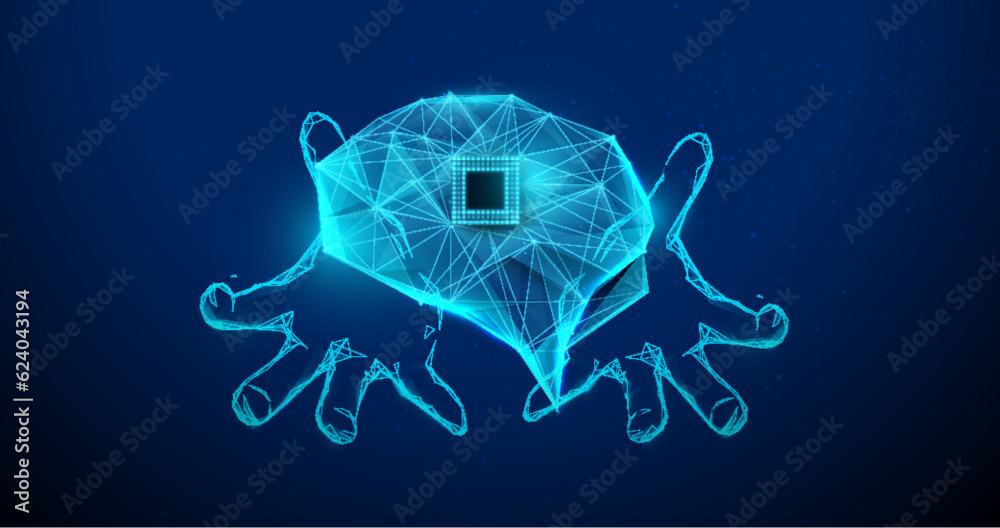 Aufkleber Human brain with AI chip holding on hands. Artificial intelligence. Futuristic cyber technology. Low polygons, triangles, wireframes, and particle style. Vector illustration
