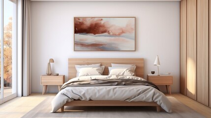 Interior design of modern bedroom with big art poster frame generative ai