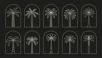Palm tree arch thin line icon abstract design summer logo template modern minimal linear emblem for vacations rentals and travel services. Vector illustration