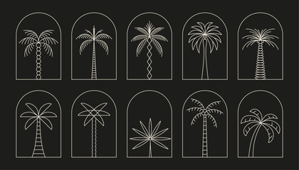 Palm tree arch thin line icon abstract design summer logo template modern minimal linear emblem for vacations rentals and travel services. Vector illustration