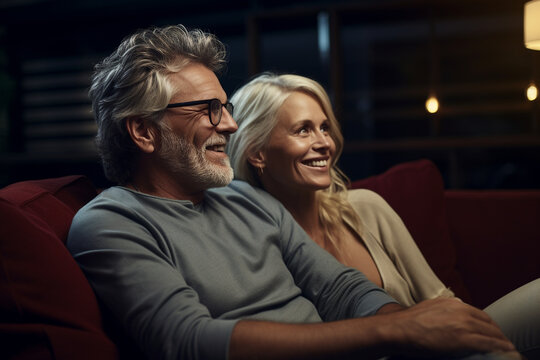 Romantic Happy Middle Aged Couple Relaxing On Couch At Home, Smiling Loving Mature Spouses Resting In Cozy Living Room Interior, Embracing On Sofa, Enjoying Weekend Time Together, Love Affection