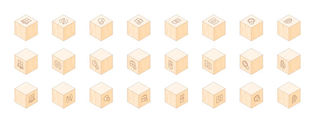 Checkmark line icons printed on 3D wooden blocks. Cube Wood. Isometric Wood. Vector illustration. Containing audience, validated, time, suitcase, smartphone, folder, check, battery.