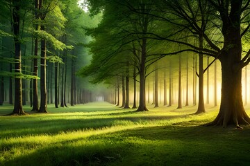 Beautiful background of trees in the forest covered with grass