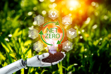 green energy system. AI machine learning, robotic hand touching net zero icon in light bulb on...