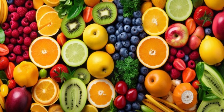 Panoramic Food Background With Assortment Of Fresh Organic Fruits And Vegetables In Rainbow Colors