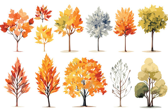 set of watercolor hand drawn autumn trees isolated on white.Generative AI.