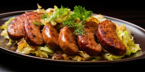  Sausage Delight - Sliced Sausage with Onion, Cabbage, and Farofa - A Burst of Flavors on a Plate - Indulge in the Perfect Balance of Savory and Crunchy  Generative AI Digital Illustration