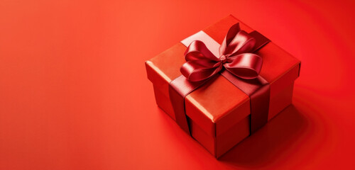 Banner with red gift box with ribbon and bow isolated on red background.Holiday gift with Birthday, Christmas present, flat lay, top view, copy space.Generated by AI