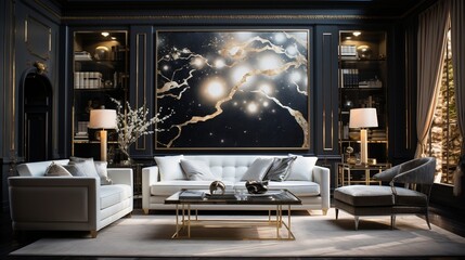 Luxury room with design furniture and golden elements generative ai