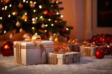 Enchanting Holiday Delights Beautiful Christmas Gift Boxes on Floor near Fir Tree in Room. created with Generative AI