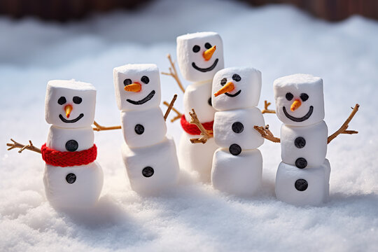 Cheerful Snowy Delights Happy Funny Marshmallow Snowmen on Snow - Spreading Winter Joy. created with Generative AI