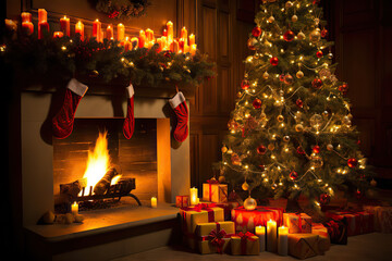 Festive Christmas Ambiance Interior with Tree, Presents, and Fireplace - Creating Holiday Warmth. created with Generative AI