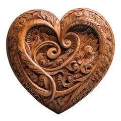 Intricate wood carving of a heart isolated on a transparent background