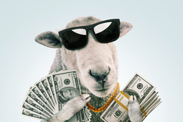 Cool funny hipster rich sheep boss with trendy glasses holds money dollars on a light blue...