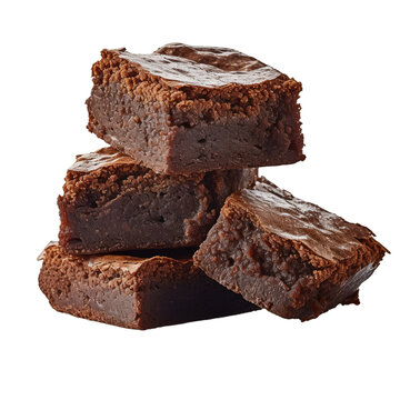 A stack of 4 delicious chocolate brownies isolated on a transparent background
