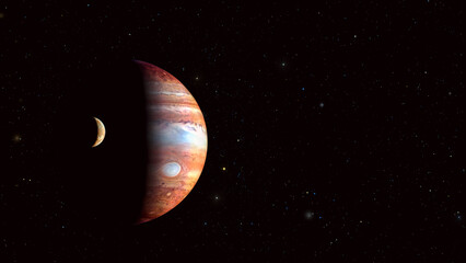 3D rendering. Jupiter and moon background illustration. Deep space star field. 